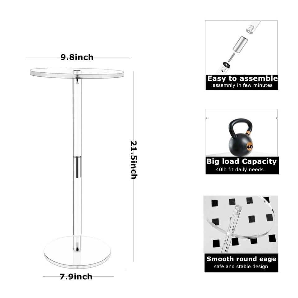 Mesa lateral redonda de acrílico transparente, mesa final minimalista para espaços pequenos 9,8"x21,5 - Imagem 2 de 4