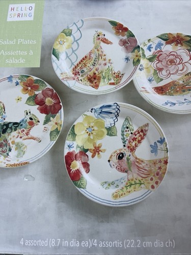 Pier 1 "Hello Spring" Salad Plates (4) Animals & Flowers, 9" Ironstone - NEW NIB - Picture 3 of 7