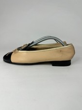 Chanel Leather Cap Toe Ballerina Flats Beige Black Size 36 EU/ 6 US/ 3 UK