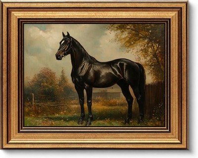 Vintage Gold Framed Wall Art, Black Horse Painting Picture Wall Decor,Rustic ...