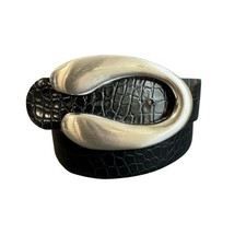 Vintage Y2K Statement Belt Black Croc Embossed Leather Large Silver Tone Buckle