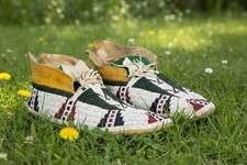 Native American Regalia Style Beaded Powwow Moccasins Green Geometric MC619
