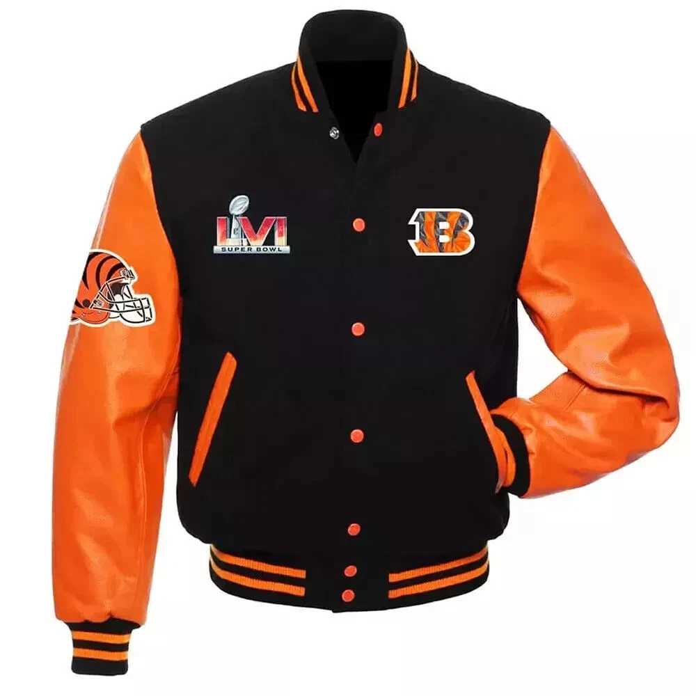 Cincinnati Bengals Varsity Jacket Black / Orange Wool & Leather Bomber Coat