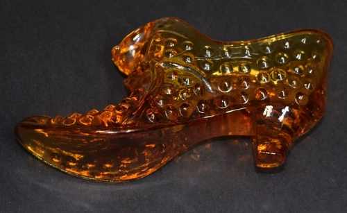 Vintage Fenton Hobnail Amber Glass Shoe with Cat Head Art Glass Slippe