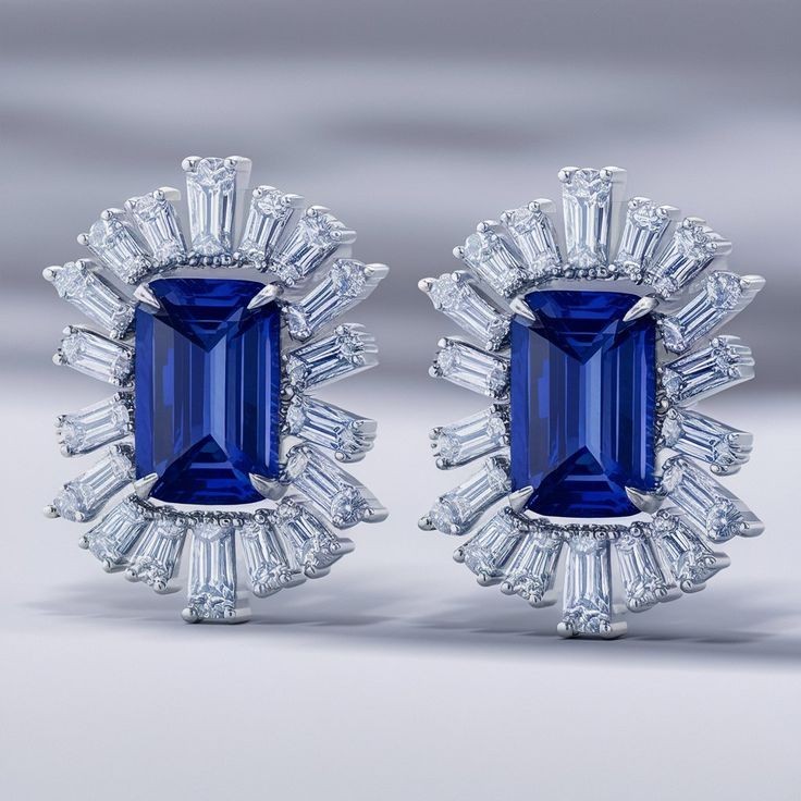 6ct Emerald Simulated Sapphire Diamond Flower Stud Earrings in 14k White Gold