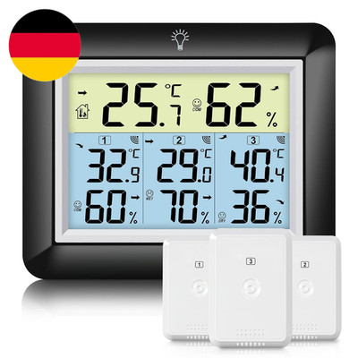 Urageuxy Funk Thermometer Mit 3 Außensensoren - Wetterstation Mit 100M Reichweit