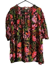 Terra & Sky Blouse Womens 4X Peasant Blouse top Tunic Tropical Floral