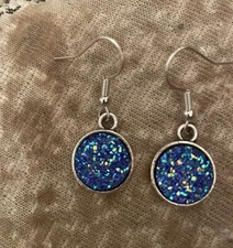 Dainty Retro Carib Blue Glitter Druzy Silver Circle Drop French Wire Earrings