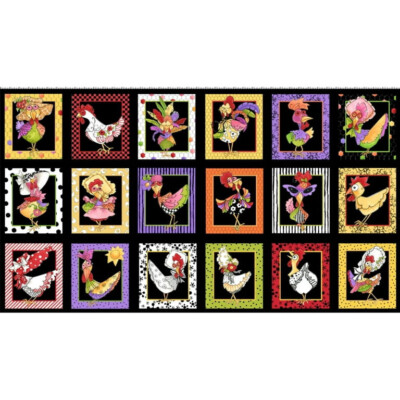 Loralie Chicken Chique Fabric 24'' X44'' Panel Black Farm Cotton Loralie Designs