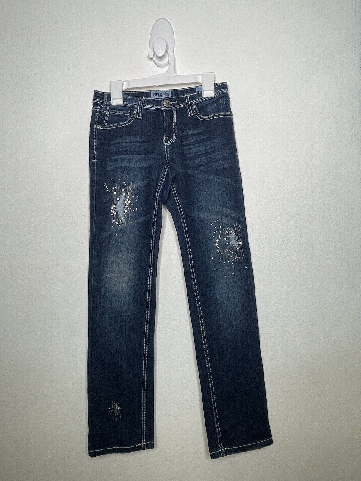 Karma Blue Skinny Jeans Girls Size 10 Stretch Dark Wash Distressed Denim eBay
