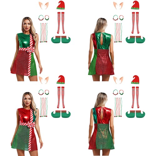 Women Christmas Fancy Outfit Xmas Santa Costume Accessories Bracelet Party Set