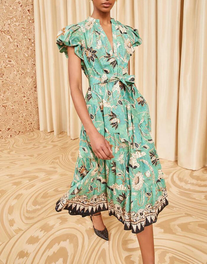 Women Ulla Johnson Cotton V-neck Short Sleeve A-line Midi Dress