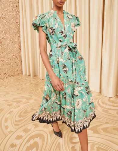 Ulla Johnson Damen-Midikleid Baumwolle V-Ausschnitt Puffärmel A-Linie - Bild 2 von 8