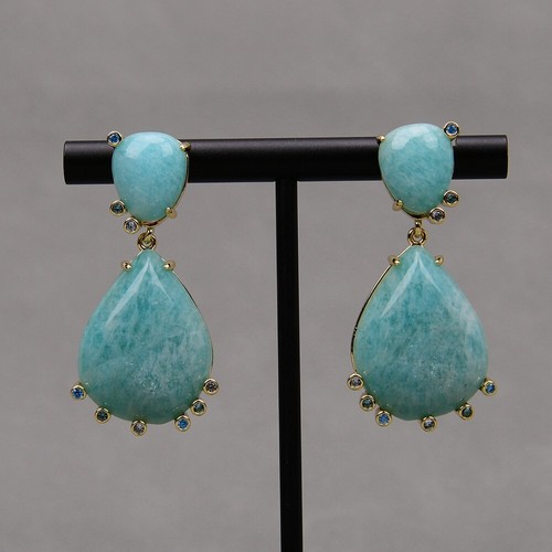 Natural Green Amazonite Teardrop Cz Pave Gold Plated Dangle Earrings Lady Party - Picture 3 of 10