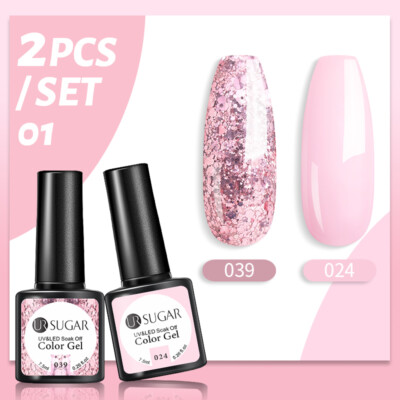 UR SUGAR 2Pcs/Set UV LED Glitter Gel Nail Polish Soak Off No Wipe Top Base Gel
