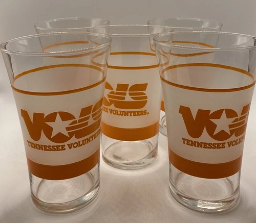5 Vtg VOLS, Tennessee Volunteers, Shell, Clear & Frosted Glasses, 5.5”, Mint