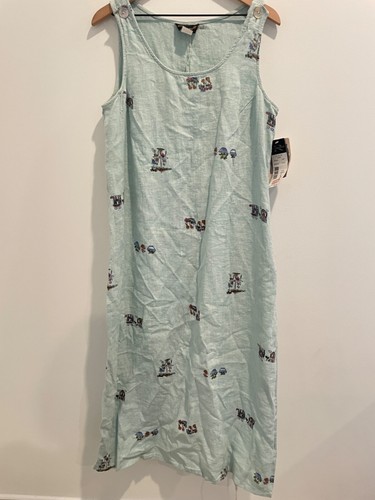 NWT Requirements Linen Maxi Dress Womens Large L Aqua Blue Garden Print