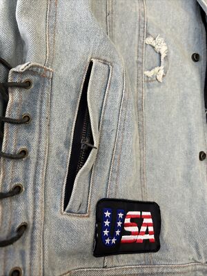 VINTAGE Diamond Plate Jacket Mens XXL Blue Denim Trucker Patchwork