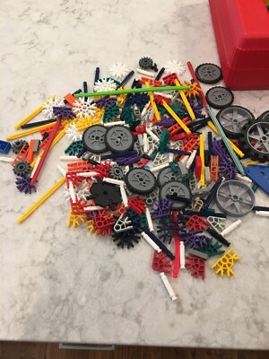 Red 14 inch KNEX K'NEX Storage box filled with many parts inside