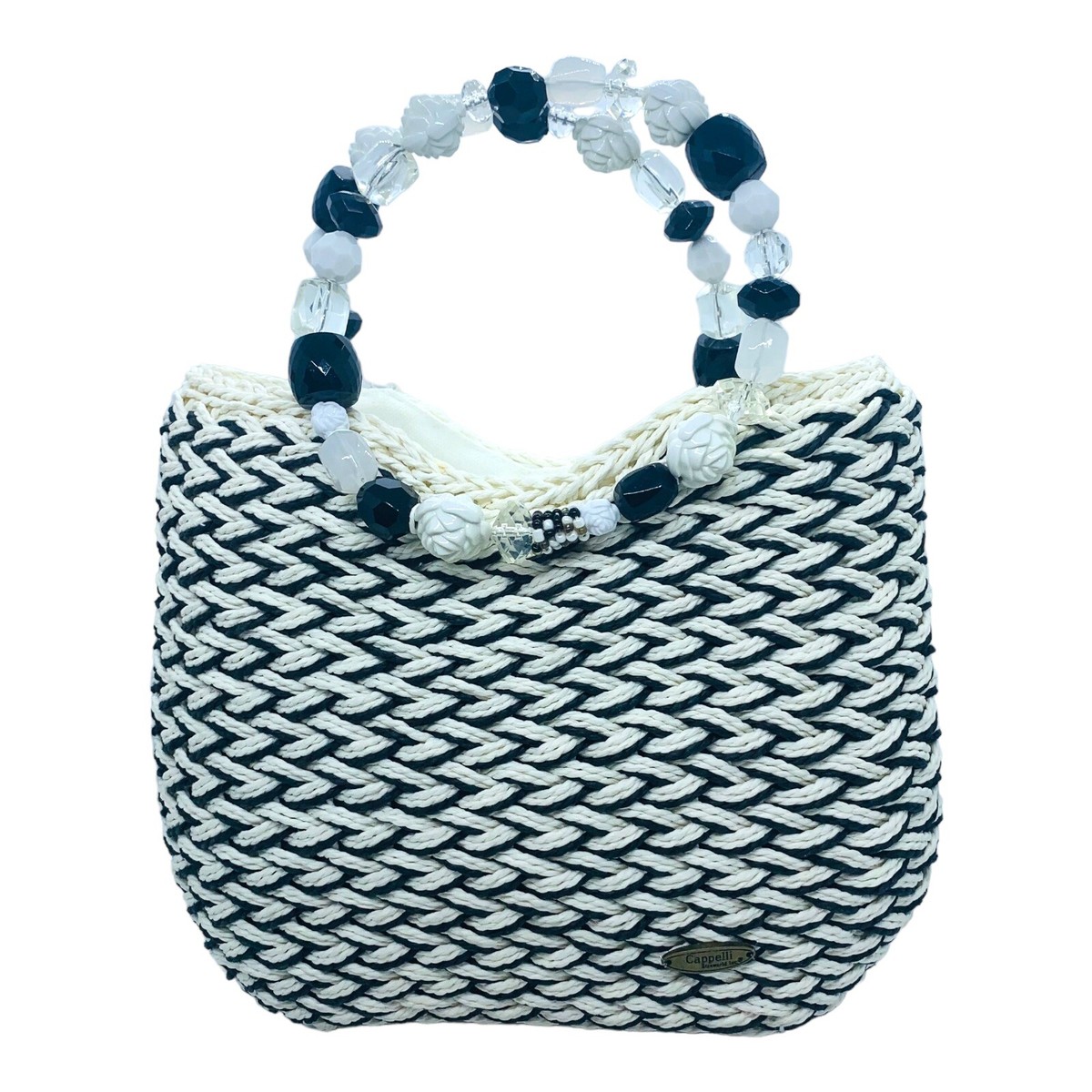 Cappelli Straworld Handbag Purse Black and White Woven Beaded Round Handles  EUC