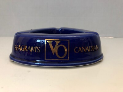 VINTAGE PORCELAIN COBALT BLUE SEAGRAM'S VO CANADIAN CIGARETTE ASHTRAY