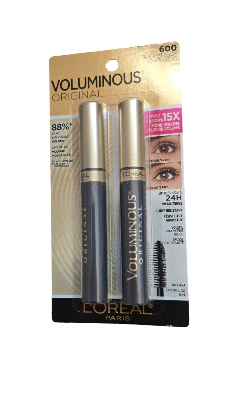 2 pack  LOREAL PARIS VOLUMINOUS ORIGINAL BLACKEST BLACK #600 MASCARA 0.28 FL.OZ.