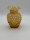 Fenton Hobnail Honey Amber White Overlay 1960’s Vase 5.5” - Sticker *READ* VTG