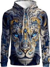 3D Blue Lion Hoodie Royal Mandala Art Pullover Unisex Fantasy Streetwear
