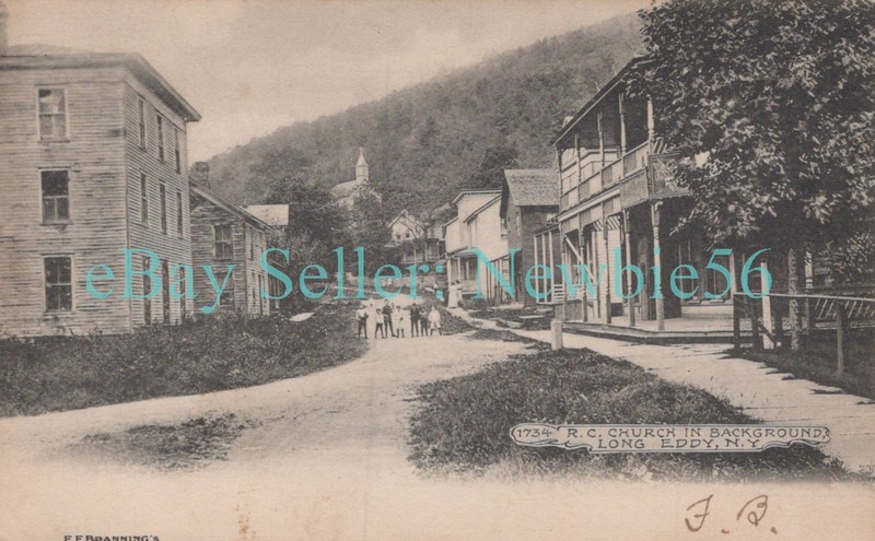 Long Eddy NY - STORE FRONTS TO ROMAN CATHOLIC CHURCH - Postcard Catskills
