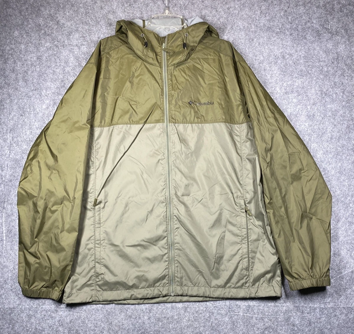 Columbia Jacket Mens Large Green Hooded Full Zip Lightweight Nylon Windbreaker