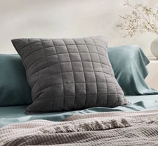 1 Casaluna Dark Gray Heavyweight Linen Blend Grid Euro Pillow Sham New