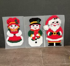 VTG Needlepoint Christmas Decor Plastic Canvas Snowman Snow Woman Santa 10x6.5
