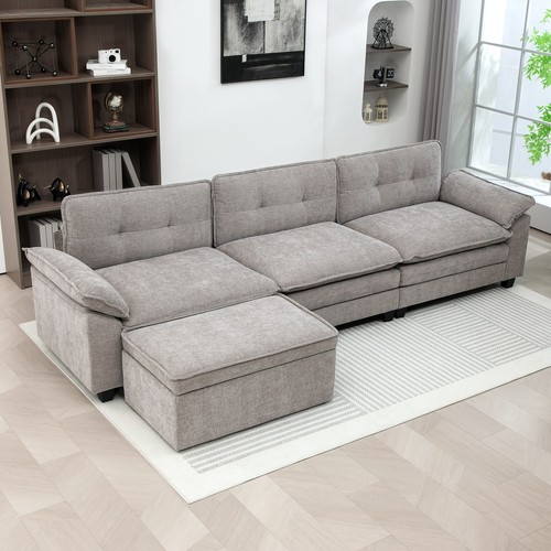 HOMCOM Divano Angolare Modulare con Pouf Contenitore in Ciniglia Grigio - Foto 3 di 10
