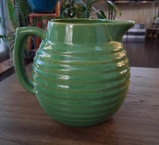Vintage Yellow Ware "Over and Back" Green Ribbed Pitcher