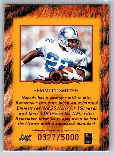 1996 Donruss #1 Emmitt Smith Will to Win #/5000 - Picture 2 of 2