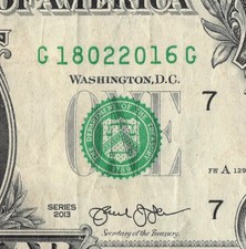 February 18th 2016 in the Serial Number Event Note $1 Dollar Bill E1940199C