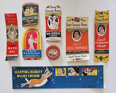 7 Vintage Old Sweet Georgia Brown Beauty Labels + Tin Valmor Black Americana