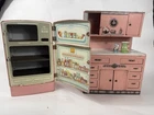 Vintage 1950's Wolverine Toy Tin Refrigerator and Cupboard set PINK  RARE