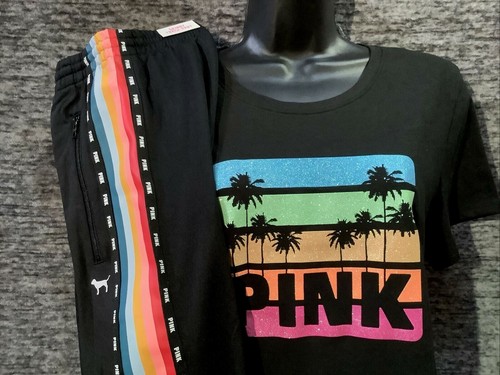Victoria's Secret Pink Bling Rainbow Tee Shirt + Track Pants Set Black Palm L - Picture 2 of 12