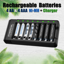 Powerowl Rechargeable Batteries 4 AA 4 AAA LED Charger Fast NiMH NiCD 1.2V