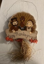 Happy Thanksgiving Wooden Turkey Pilgrims Welcome Sign Door Hanger Handpainted