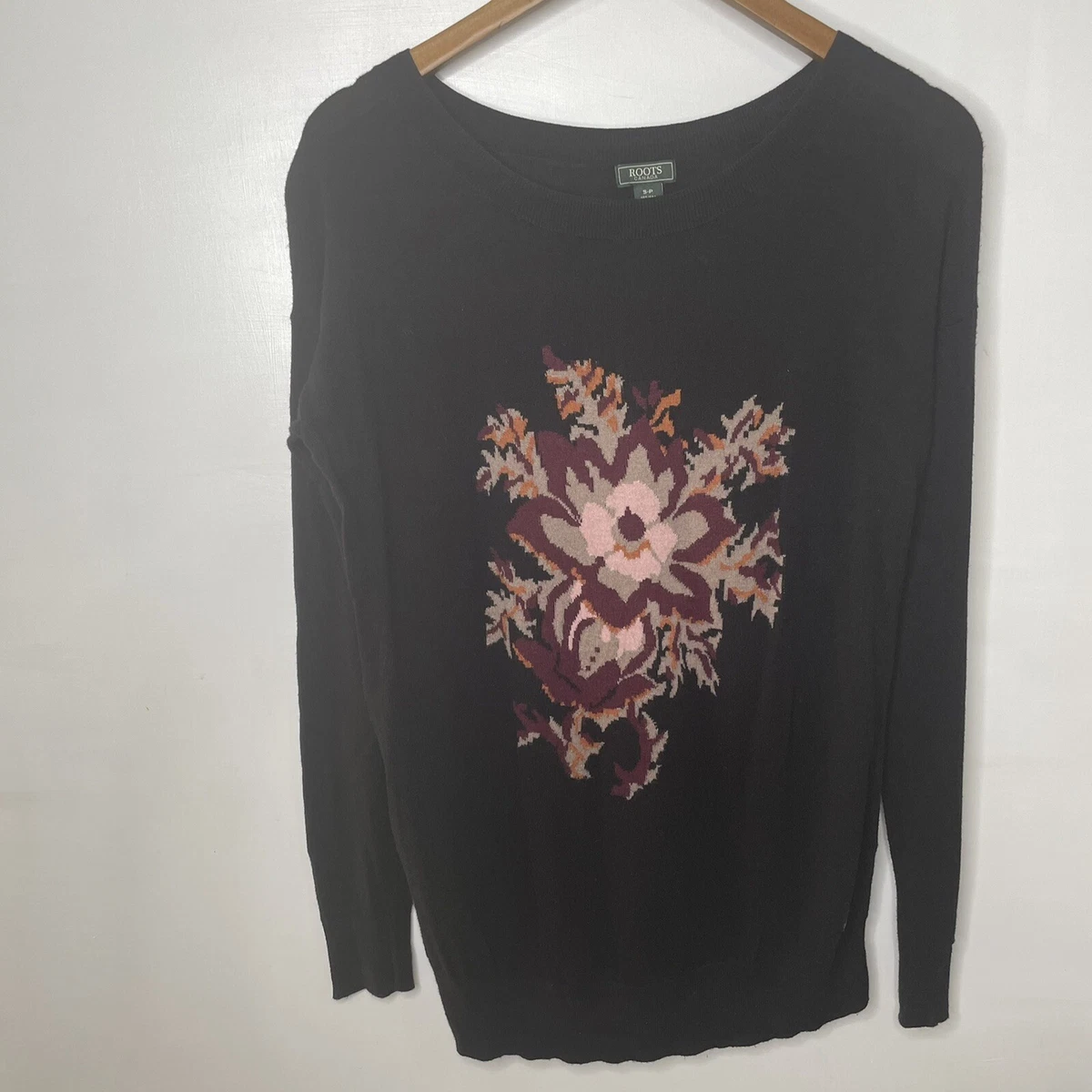 Roots black sweater with floral detail. Cotton Viscose And Modal Blend