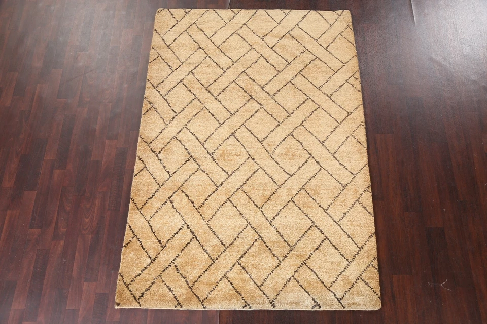 BEIGE/ DARK BROWN Moroccan Oriental Geometric Area Rug Hand-knotted Modern 5'x8' - Image 2 of 4