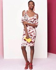 Black Halo Monaco Sheath Floral Cold Shoulder Dress sz 4 Wedding guest, Bow, Rom