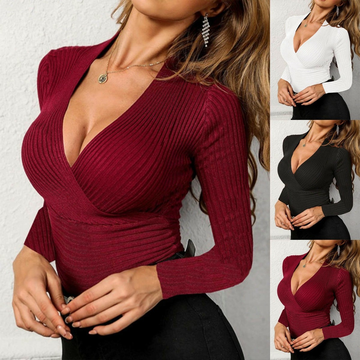 売れ筋商品|||カスパー カットソー トップス レディース Women's V-Neck Button-Front Long-Sleeve Blouse Blk Amazon.com: Women Long Sleeve Crew Neck Shirts Slim Fit