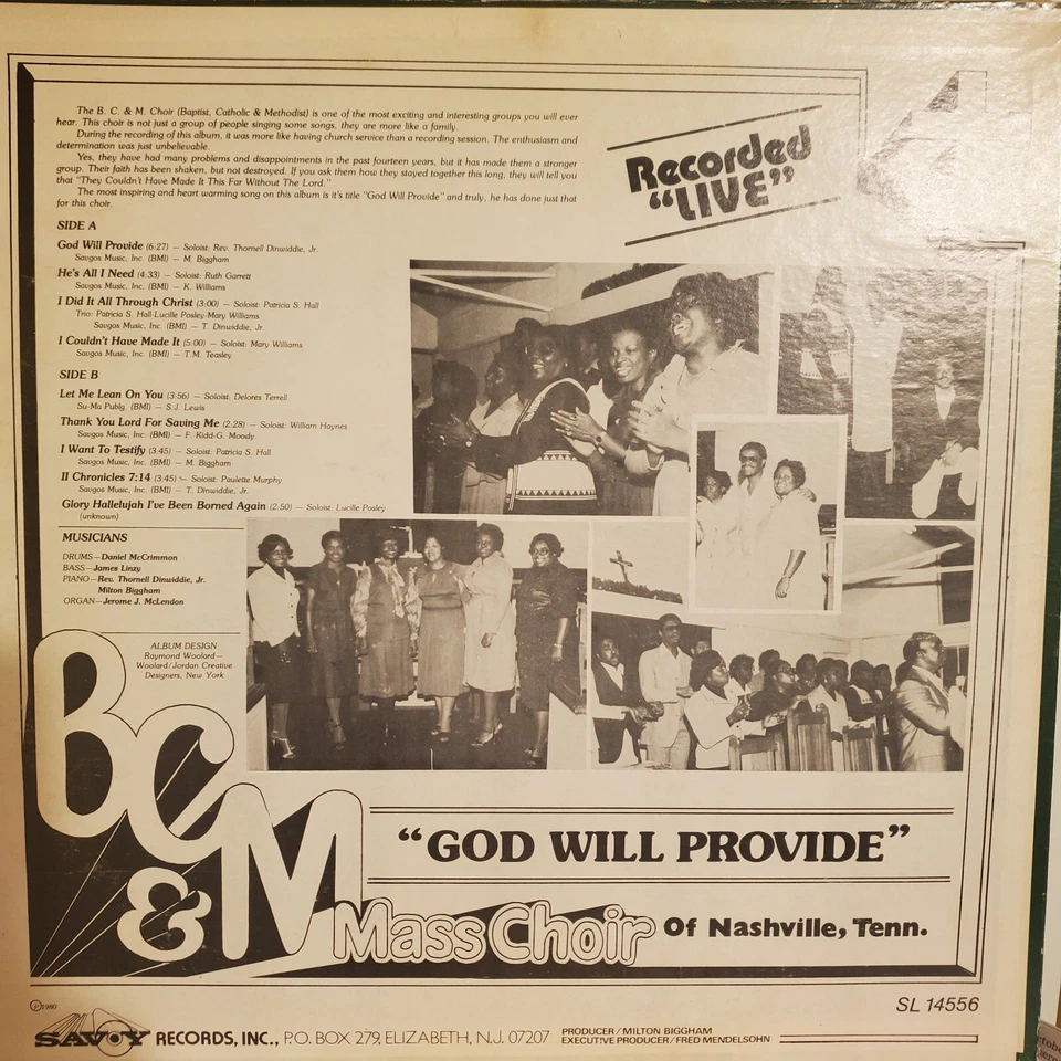 BC&M Mass Choir God Will Provide Vinyl LP NM Savoy 1990 Savoy Church Gospel  - Image 2 of 4