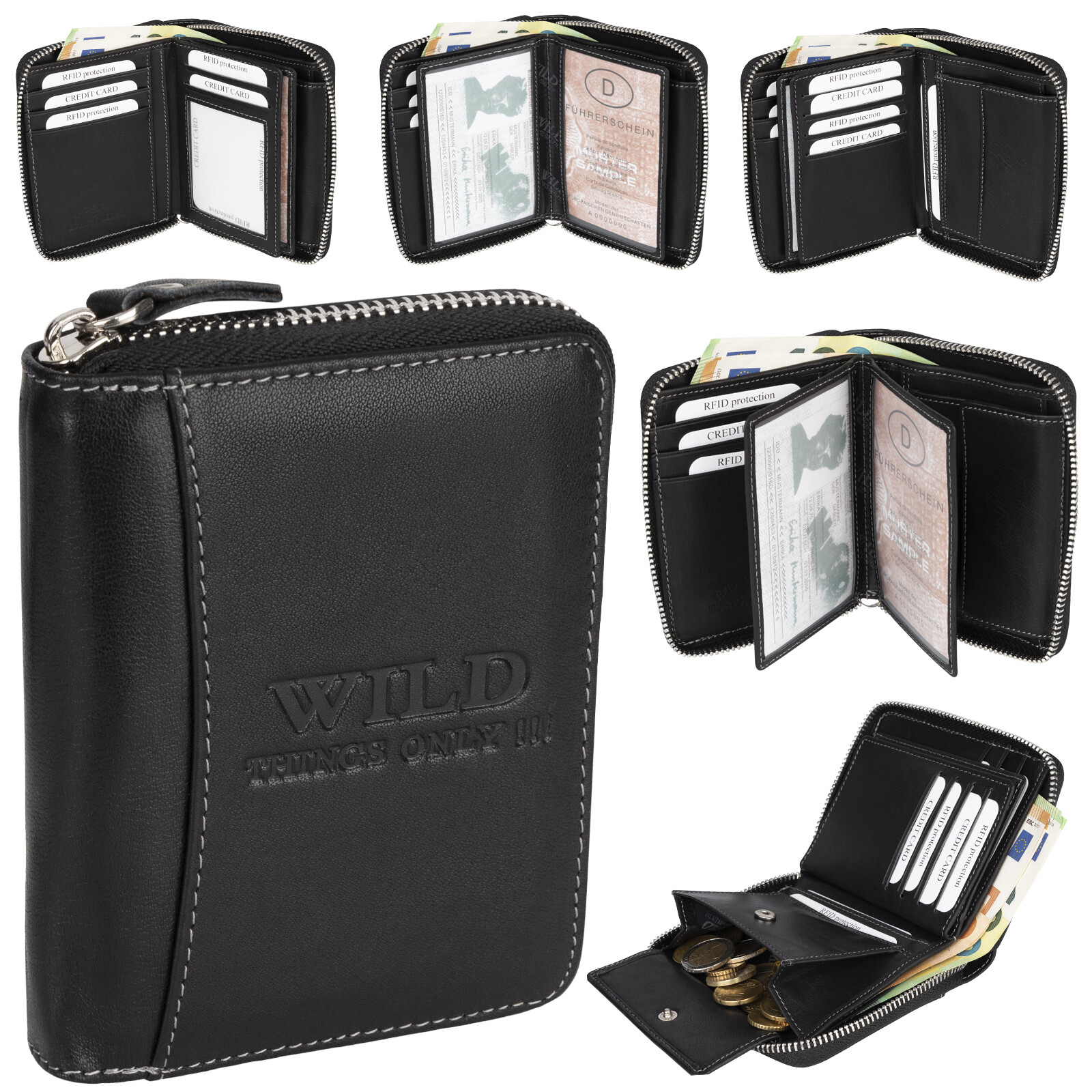 Kreditkartenetui Leder Mit RFID Schutz - 13 Fächer Mit Münzfach & Reißverschluss Schwarz