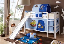 TiCAA Etagenbett mit Rutsche "Lupo" Buche massiv Weiß Motiv NEU