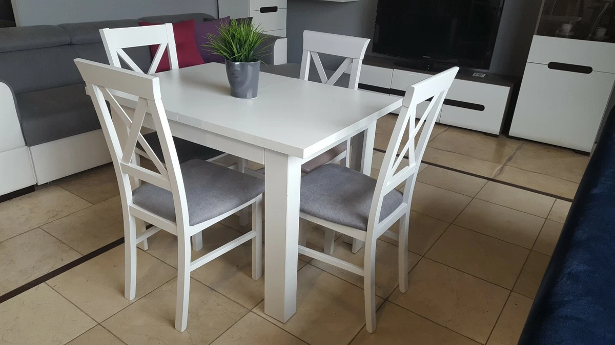 Extending dining table on its own or with 4 lovely chairs white