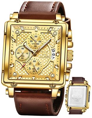 Square Watches for Men Brown Leather Chronograph Fashion